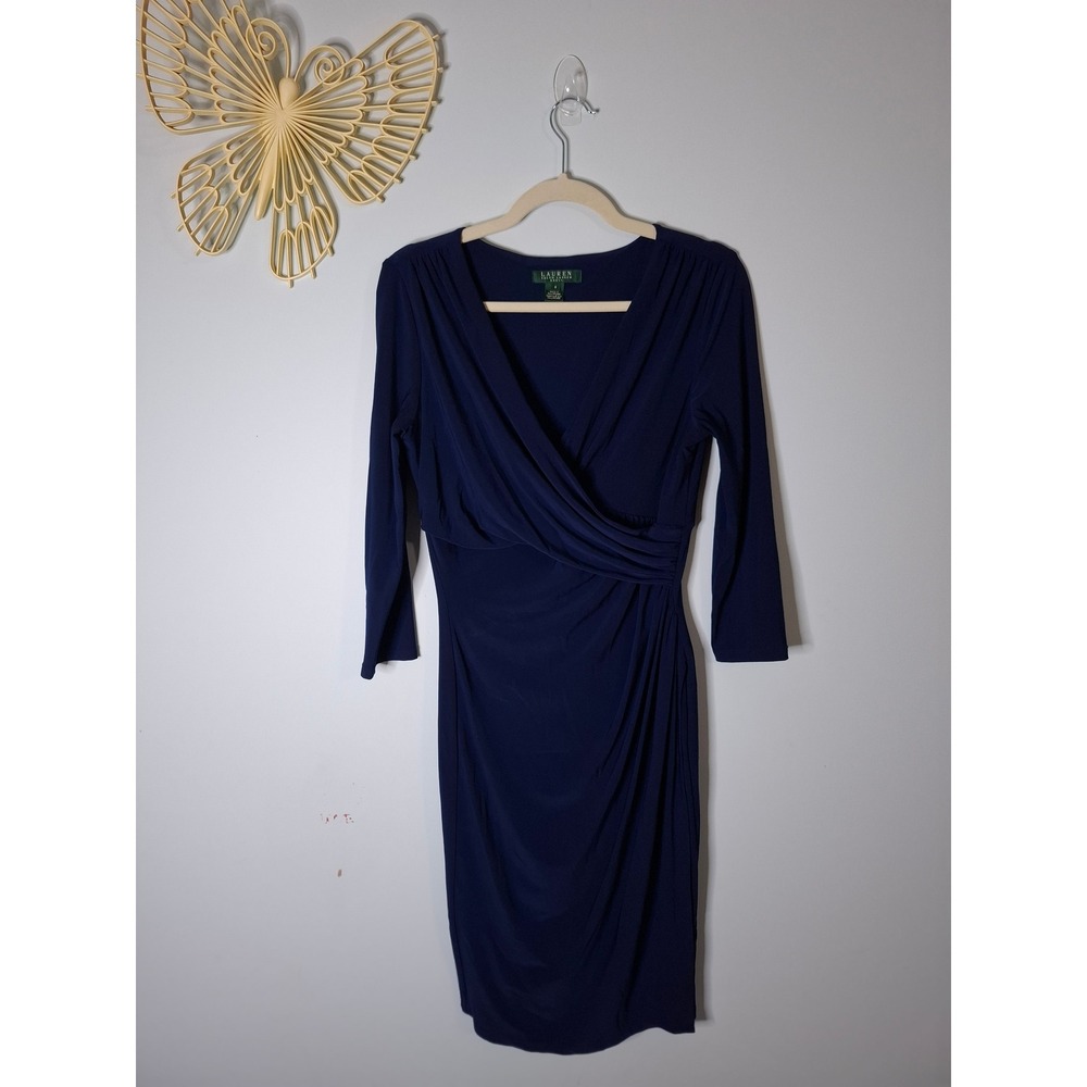 Lauren Ralph Lauren Navy Blue Faux Wrap Sheath Dress Size 8 Ruched